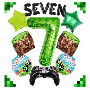 40 Inch Green Pixel Miner Number 7 Balloon Set, 13Pcs Large MIning Foil Metallic